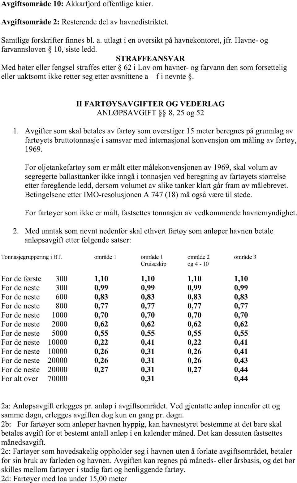 II FARTØYSAVGIFTER OG VEDERLAG ANLØPSAVGIFT 8, 25 og 52 1.