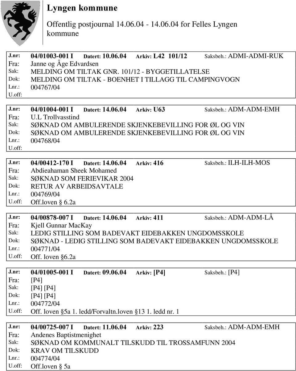 : 004768/04 -QU, 'DWHUW $UNLY Saksbeh.: ILH-ILH-MOS Fra: Abdieahaman Sheek Mohamed Dok: RETUR AV ARBEIDSAVTALE Lnr.: 004769/04 Off.loven 6.2a -QU, 'DWHUW $UNLY Saksbeh.