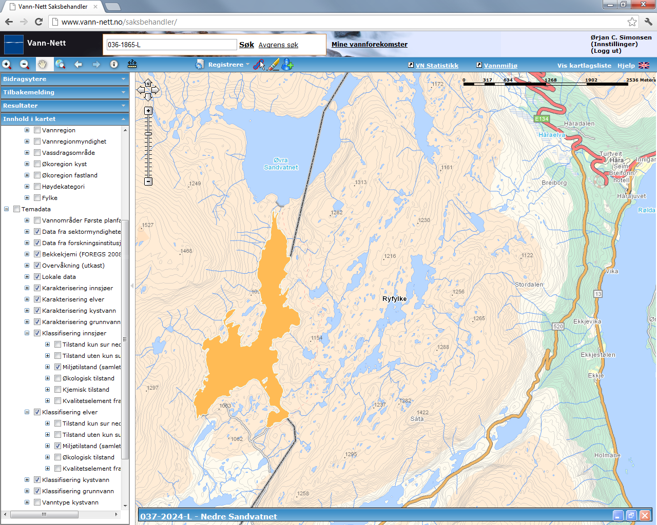 Nedre Sandvatnet (037-2024-L) Middels, svært kalkfattig, klar, dyp (innsjø) Dårlig (påvirkningsanalyse) ksmvf Risiko Stor