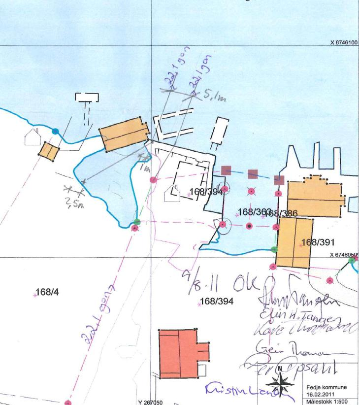 Det ble inngått slikt Rettsforlik i sak 1200-2011-0007 Fedje gnr. 168: Partene er enige om at grensene mellom gnr. 168 bnr. 2, 4 og 394 går som skissert på vedlagte skisse.