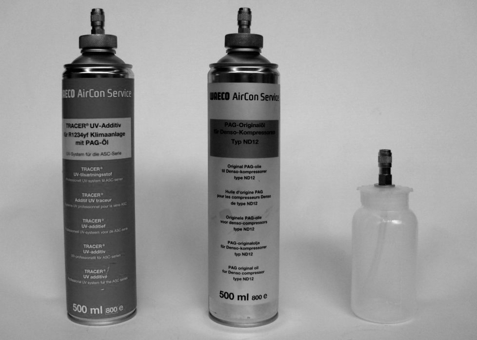 Første igangkjøring ASC5000, ASC5000G 7.9 Angi beholderstørrelser For ny olje og UV-kontrastmiddel kan beholder (tilbehør) med 500 ml (B) eller 250 ml (C) brukes.