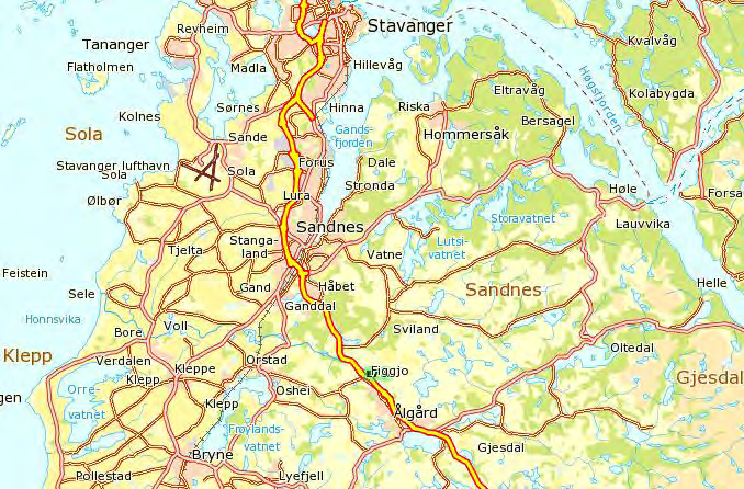 E39 Ålgd - Hove 1 TILTAKET 1.1 Bakgrunn Plan for ny E39 gjelder strekningen mellom Ålgd i Gjesdal kommune til Hove i Sandnes kommune (kryss E39 x rv.13), en strekning på ca 14 km.