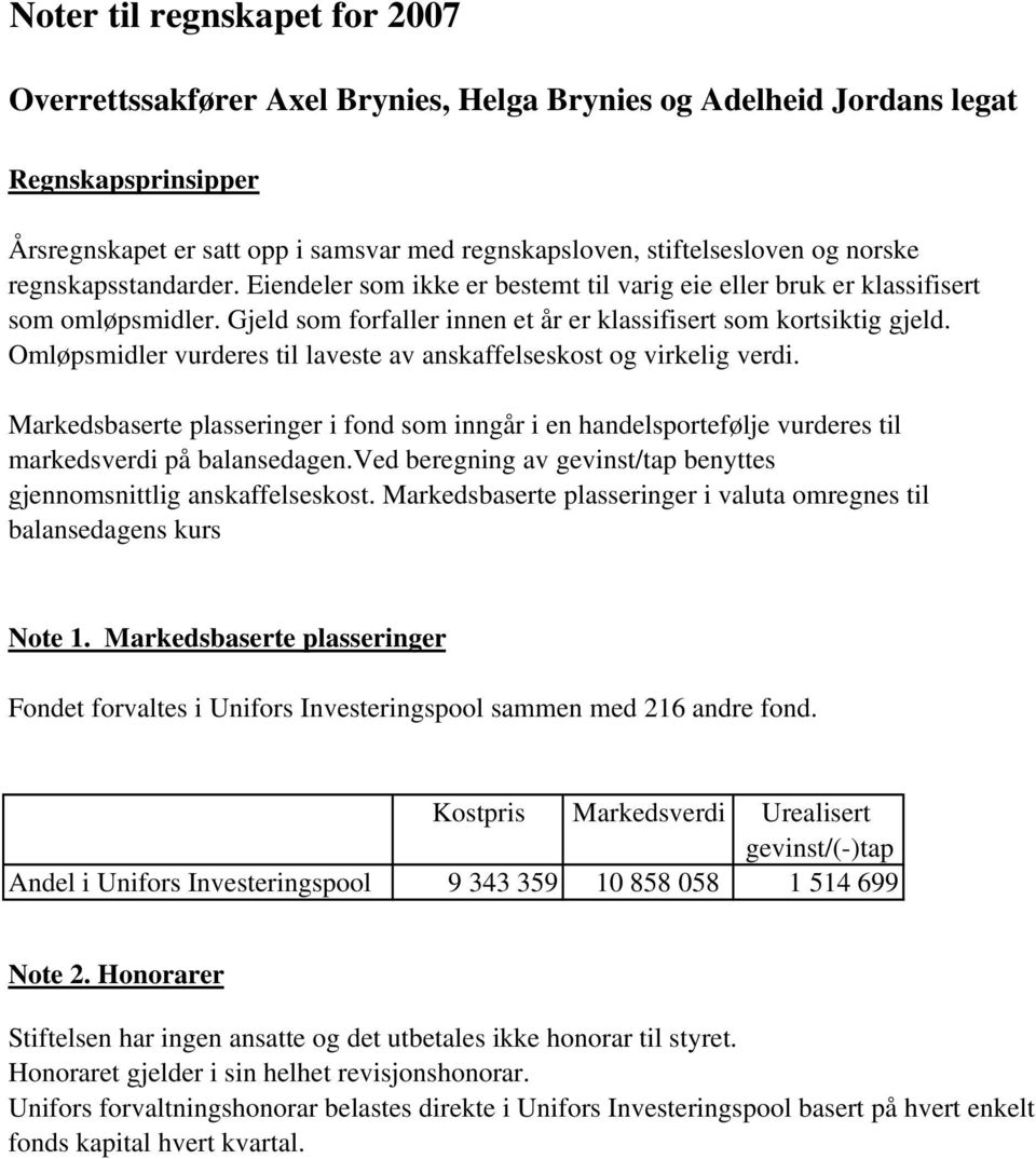 Omløpsmidler vurderes til laveste av anskaffelseskost og virkelig verdi. Markedsbaserte plasseringer i fond som inngår i en handelsportefølje vurderes til markedsverdi på balansedagen.