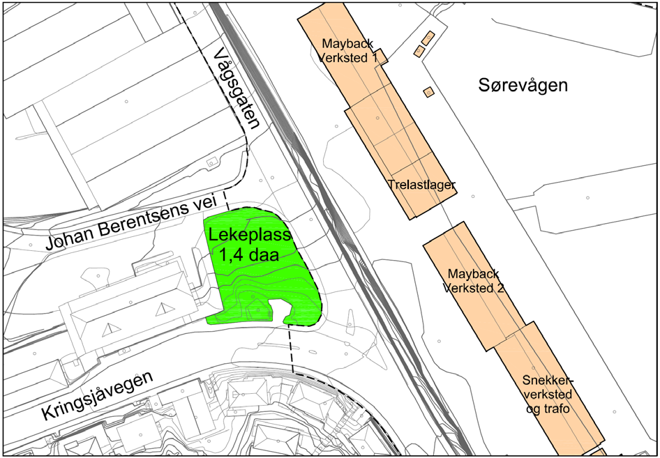 Grønne interesser Inntil krysset Kringsjåveien, Vågsgaten og Johan Berentsens vei ligger en park og nedenfor denne, en eldre lekeplass.