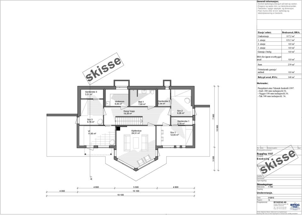 1 7,00 m² Garderobe 2 3,54 m² Sov 1 12,05 m² Sov 2 9,26 m²