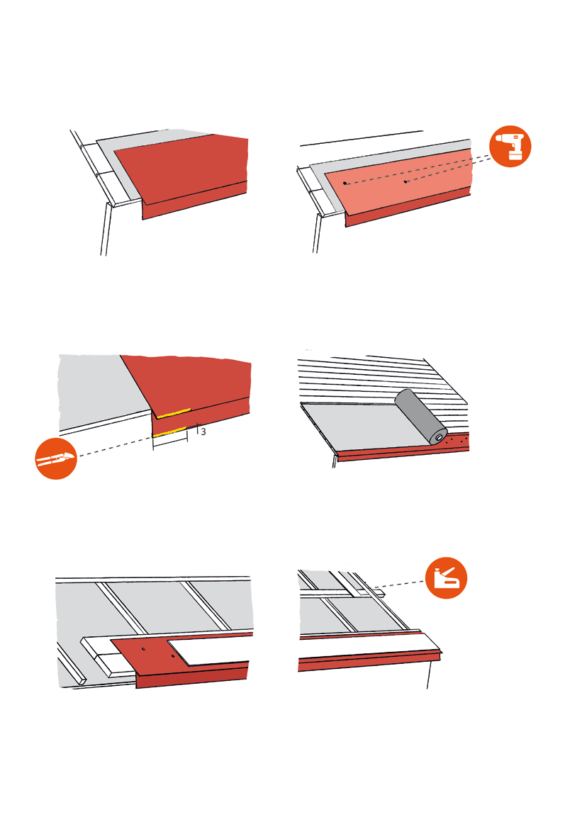 TAKFOTPLATE Ved montering av takfotplaten, plasser en remse med takpapp under platen. Takfotplaten skal overlappe takrennens bakre kant. Sørg for at platen plasseres i rett linje langs takkanten.