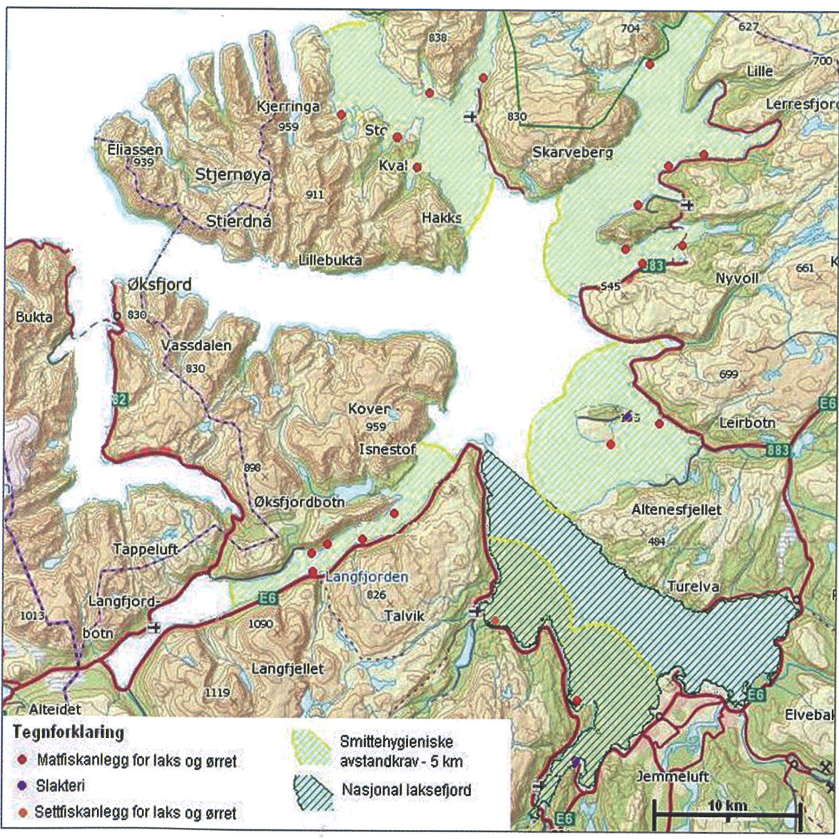 Næringens avstandskrav begrenser arealtilgangen - Alta Oppdrettsrelatert arealbeslag Km2 % av sjøareal Anleggsareal i overflate 1,04 0,14