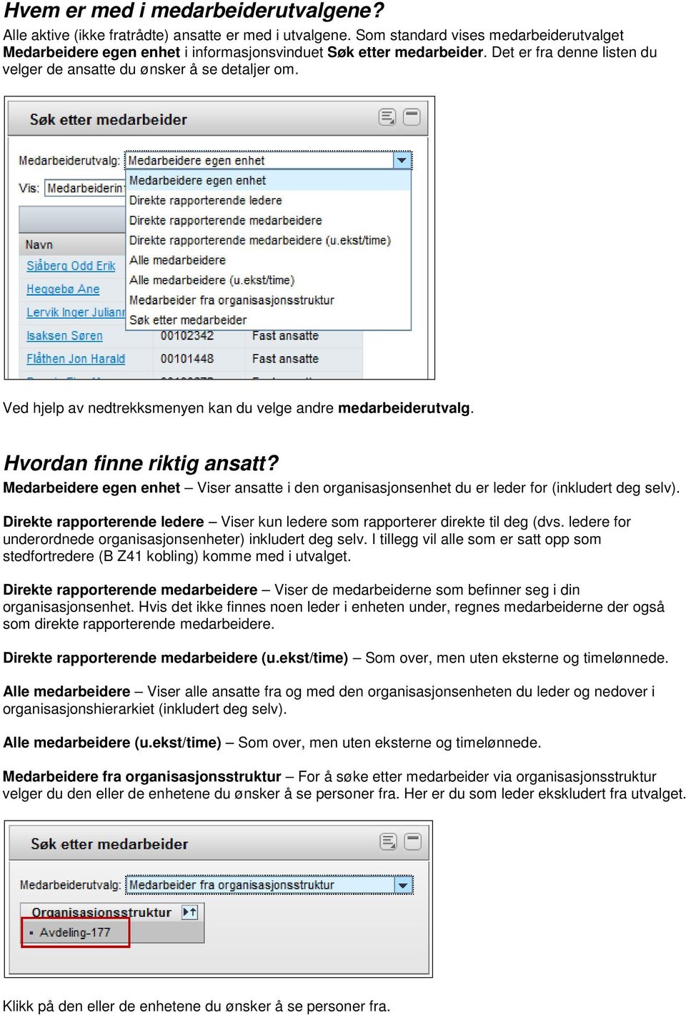 Medarbeidere egen enhet Viser ansatte i den organisasjonsenhet du er leder for (inkludert deg selv). Direkte rapporterende ledere Viser kun ledere som rapporterer direkte til deg (dvs.