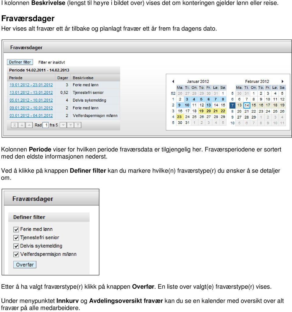 Kolonnen Periode viser for hvilken periode fraværsdata er tilgjengelig her. Fraværsperiodene er sortert med den eldste informasjonen nederst.