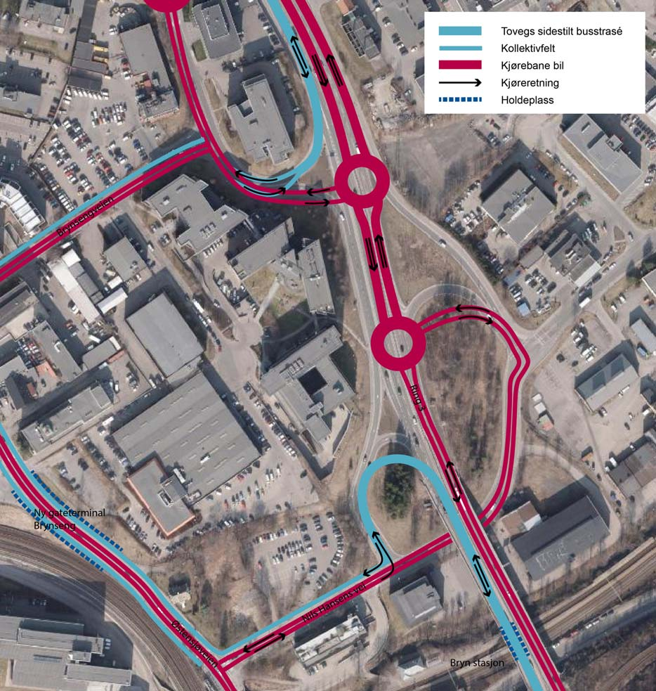 4.1 BRYNSENG Generelt er løsningen den samme som beskrives i kapittelet over. Her er det i tillegg vist en tilkobling fra ny gateterminal på Brynseng og videre nordover langs Ring 3.