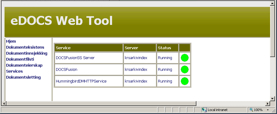 edocs WebTool (7) Services Gir en oversikt over services som kjører.