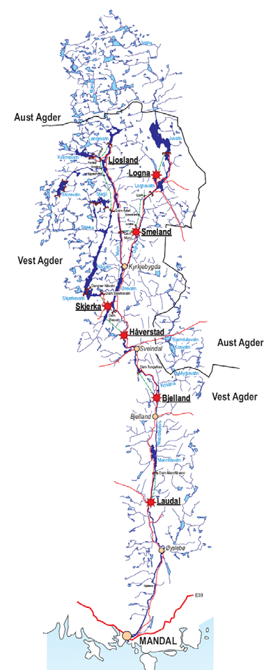 Mandalsvassdraget Middels stort Sørlandsvassdrag. Nedbørfelt ca 1800 km². Deler av feltet ligger syd i Setesdalshe