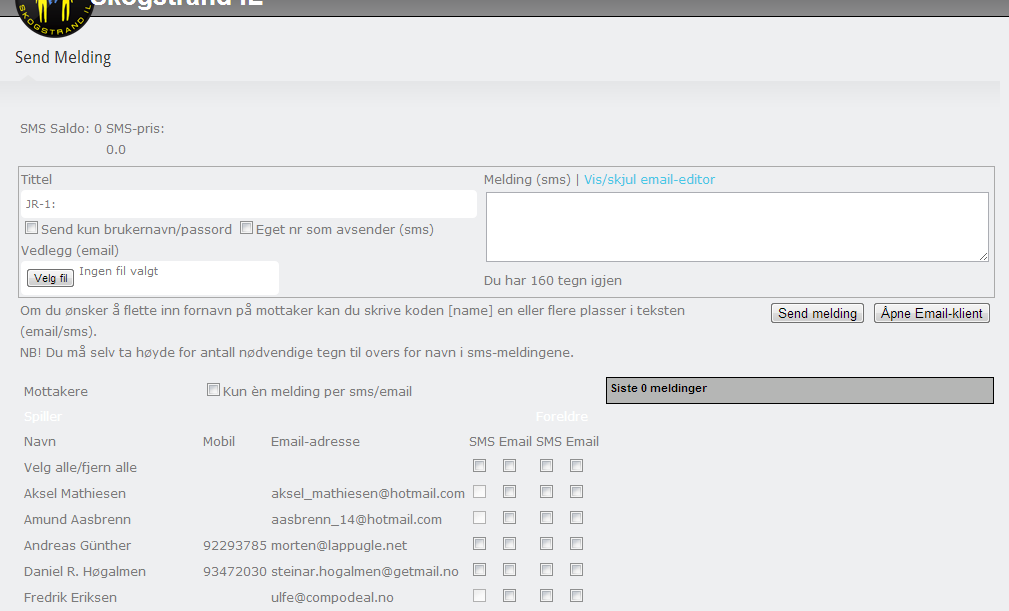 Sende meldinger via 123sport / Min Side Dersom du har oppdaterte lister over spillere med riktig emailadresse, kan du enkelt sende email ut via 123sport sidene til til lagets spillere (eller dere