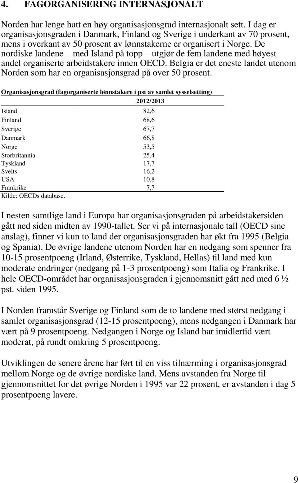 De nordiske landene med Island på topp utgjør de fem landene med høyest andel organiserte arbeidstakere innen OECD.