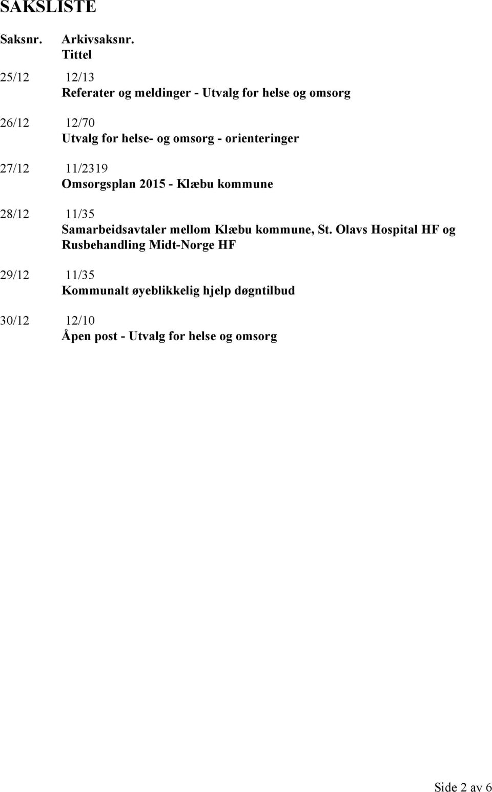 omsorg - orienteringer 27/12 11/2319 Omsorgsplan 2015 - Klæbu kommune 28/12 11/35 Samarbeidsavtaler