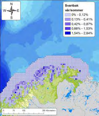 Figur D - 10 Geografisk fordeling av storskarv, svartand, svartbak, teist, toppskarv og ærfugl i hekketiden, fordelt innenfor aksjonsradiusen til de forskjellige artene (SEAPOP, 2012a).