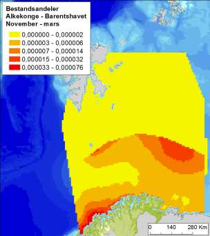 Alkekonge Figur D - 15 Fordeling av alkekonge (Alle alle) i Barentshavet, i vår og sommer (april-juli), høst (august-oktober) og vintersesongen (november-mars), basert på modellerte data (Seapop,