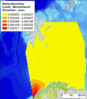 Lunde Figur D - 21 Fordeling av lunde (Fratercula arctica) i Barentshavet, i vår og sommer (april-juli), høst (august-oktober) og vintersesongen (november-mars), basert på modellerte data (Seapop,