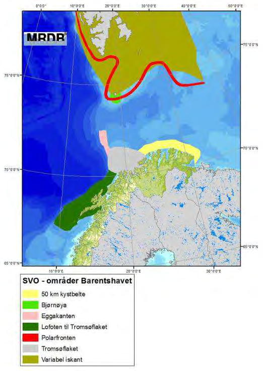 Særlig verdifulle områder, strand Særlig verdifulle og sårbare områder (SVO) definert i forbindelse med Helhetlig forvaltningsplan for Lofoten og Barentshavet (HI, 2010) er vist i Figur D - 37.