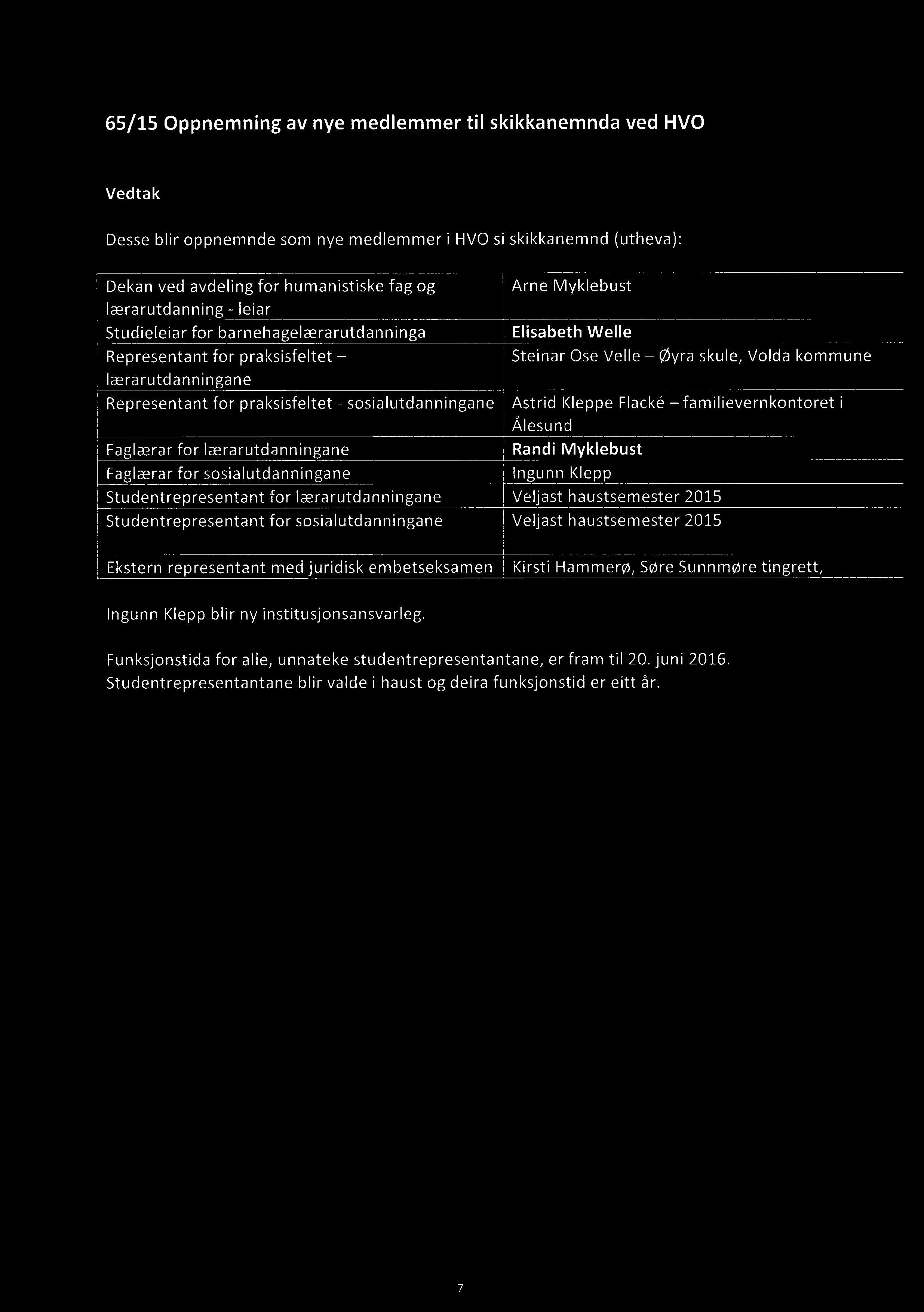 65/15 Oppnemning av nye medlemmer til skikkanemnda ved HVO Desse blir oppnemnde som nye medlemmer i HVO si skikkanemnd (utheva): Dekan ved avdeling for humanistiske fag og Arne Myklebust