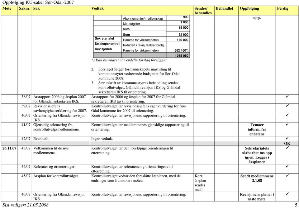 39/07 Revisjonssjefens uavhengighetserklæring for 2007. 40/07 Orientering fra. 41/07 Gjensidig orientering fra kontrollutvalgsmedlemmene. 26.11.07 43/07 Velkommen til de nye medlemmene. 2. Forslaget følger formannskapets innstilling til kommunestyret vedrørende budsjettet for Sør-Odal kommune 2008.