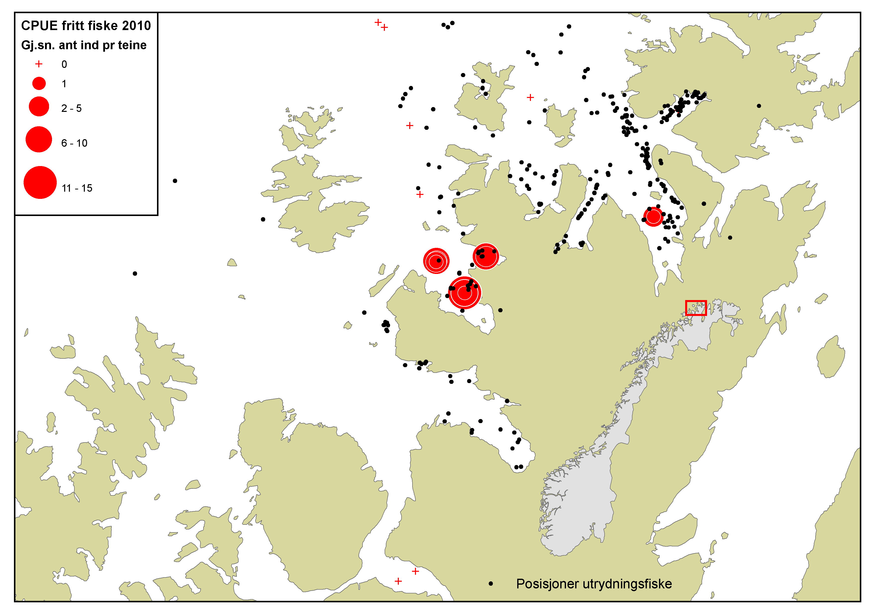 Figur 4. Gjennomsnittlig antall kongekrabber pr teinedøgn i det frie fisket i 21 og fangstposisjoner benyttet i utrydningsfisket i 21.