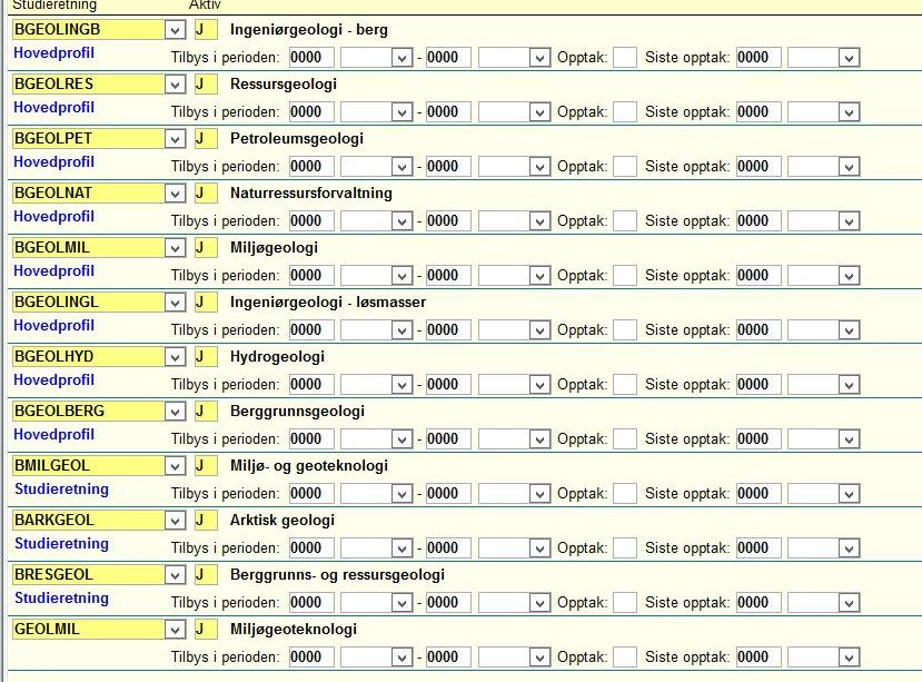Emnekombinasjoner Toppkombinasjoner og studieretninger Disse defineres i bildet for Studieprogram Det skal finnes en toppkombinasjon for hvert studieår.