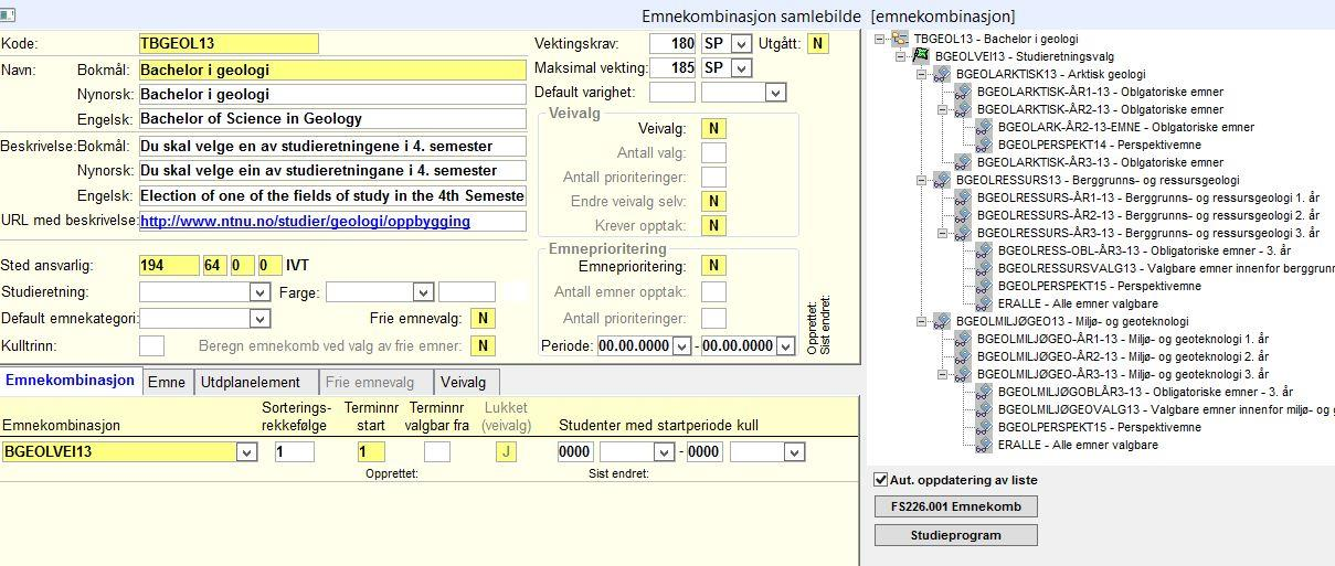 Emnekombinasjoner Toppkombinasjon Hva bør registreres der? Toppkombinasjonen knytter utdanningsplanen til studieprogrammet.