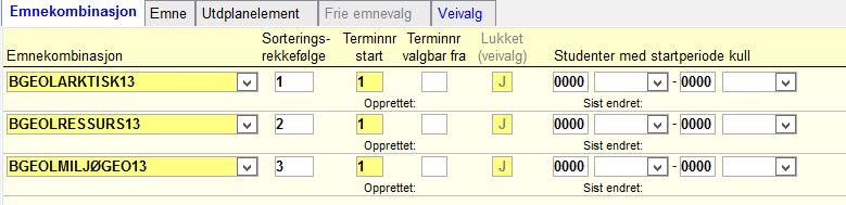 Emnekombinasjoner Veivalg 1 Veivalg er en fellesbetegnelse for valg av studieretning, fordypning, hovedprofil o.l. Fylles ikke inn på dette nivået.