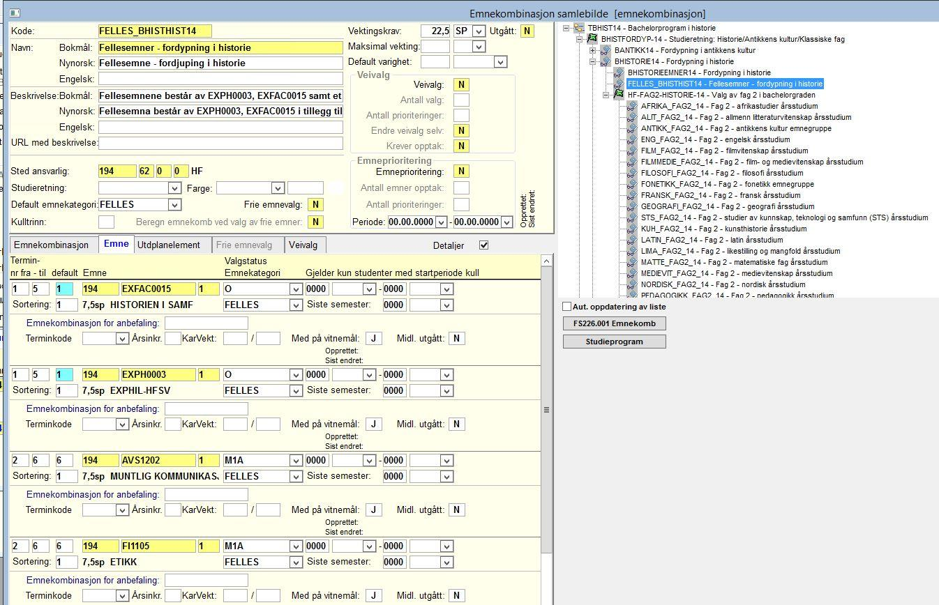 Emnekombinasjoner - Emner Deafult emnekategori oppgis kun når en vil slippe å gjenta dette for emnene i nedre del av bildet.