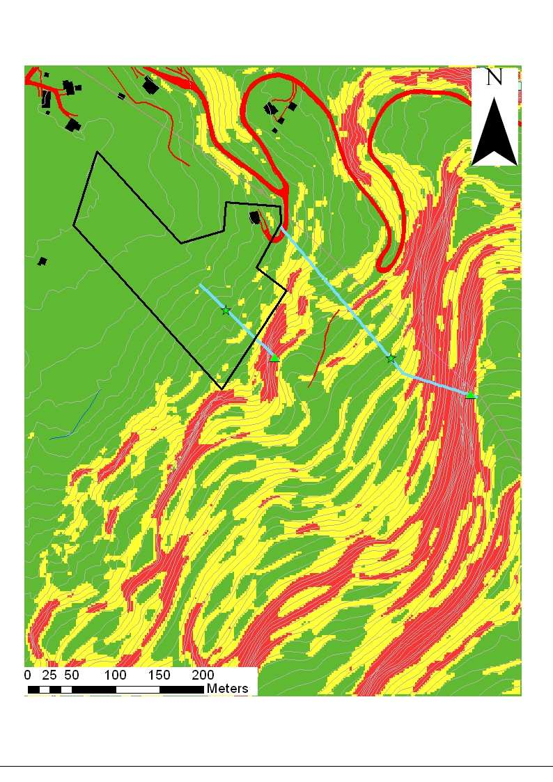 SKREDFAREVURDERING KJERLANDSHAGEN, GRANVIN HERAD 11 Profil 2 Profil 1 Fig. 9 Kartet syner lokalisering av profil der det er utført simuleringar av steinsprang med Rocfall.