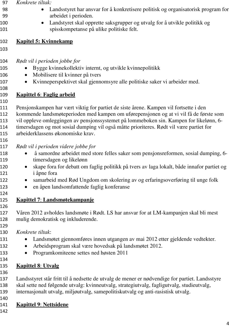 Kapitel 5: Kvinnekamp Rødt vil i perioden jobbe for Bygge kvinnekollektiv internt, og utvikle kvinnepolitikk Mobilisere til kvinner på tvers Kvinneperspektivet skal gjennomsyre alle politiske saker