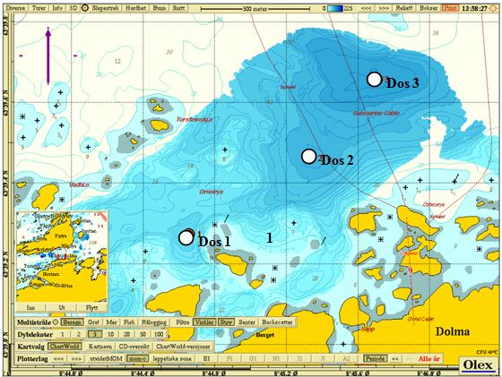 Figur 2.1: Oversiktskart over utslipp fra slakteriet til Lerøy Midnor, sør i Frøyfjorden. Prøvestasjonene er inntegnet som røde sirkler på kartet. 1 Figur 2.