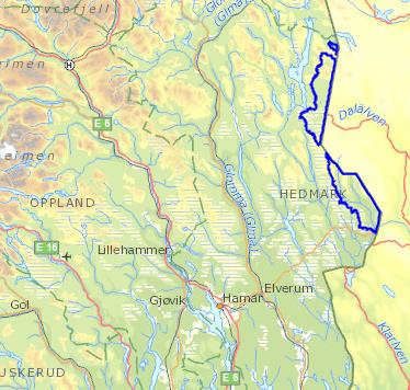 Figur 1. Vannområde Dalälvens areal i Norge. Blå linjer marker vannområdets grenser (Kilde: Vann-nett). De deler av vannområde Dalälven som ligger i Norge omfatter et areal på 1124 km 2.