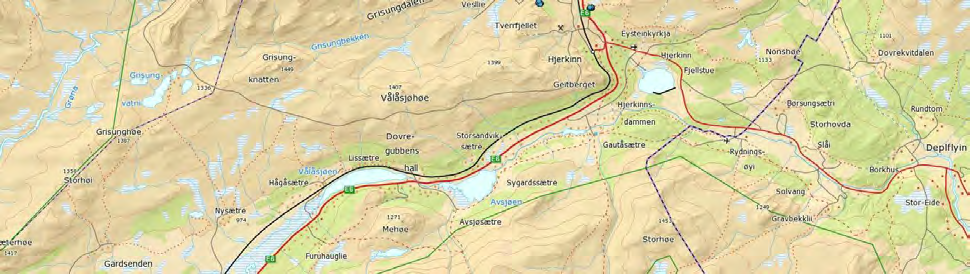 Kart 1. Oversikt over de seks høydegradientene Hjerkinn, Grødalen og Forollhogna. Se detaljkart under.