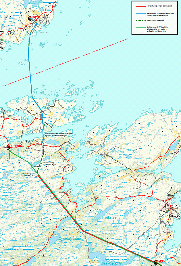 Side 2 - Endre trasé for den konsesjonsgitte 66 kv kraftledningen Fillan Frøya, mellom Fillan og Barmvatnet.