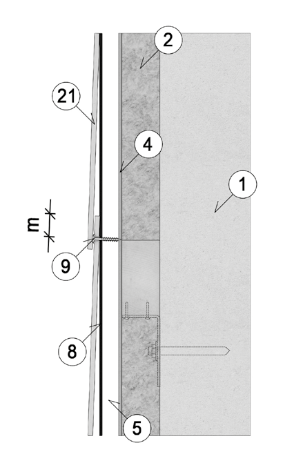 Weatherboards Horisontal snitt vertikale skjøter 1 Bærende vegg 2 Isolasjon 4 Vindstopper 5 Luftespalte min 23 mm 6 Lekt min 23 x 98 mm 8 EPDM list 100 mm 9 Fasadeskrue 21 Fasadeplate a 25 mm fra