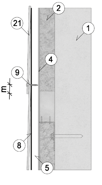 Weatherboards Vertikal snitt synlig innfestning 1 Bærende vegg 2 Isolasjon 4 Vindstopper 5 Luftespalte min 23 mm 8 EPDM list 100 mm 9 Fasadeskrue 21 Fasadeplate m 40 mm fra platekant Stående kledning