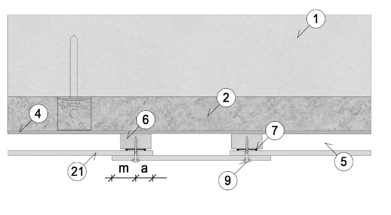 Weatherboards Horisontal snitt stående kledning 1 Bærende vegg 2 Isolasjon 4 Vindstopper 5 Luftespalte min 23 mm 6 Lekt min 23 x 48 mm 7 EPDM list 50 mm 9 Fasadeskrue 21 Fasadeplate a 25 mm fra