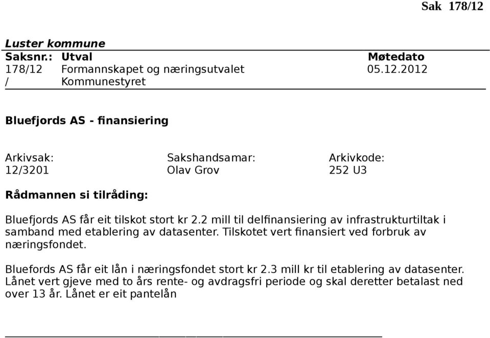 Tilskotet vert finansiert ved forbruk av næringsfondet. Bluefords AS får eit lån i næringsfondet stort kr 2.