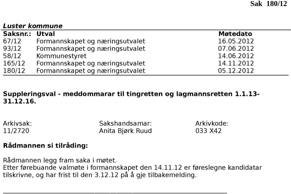 12.2012 Suppleringsval - meddommarar til tingretten og lagmannsretten 1.1.13-31.12.16.