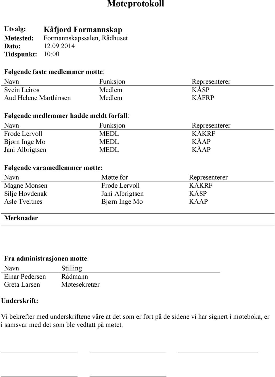 Representerer Frode Lervoll MEDL KÅKRF Bjørn Inge Mo MEDL KÅAP Jani Albrigtsen MEDL KÅAP Følgende varamedlemmer møtte: Navn Møtte for Representerer Magne Monsen Frode Lervoll KÅKRF Silje Hovdenak