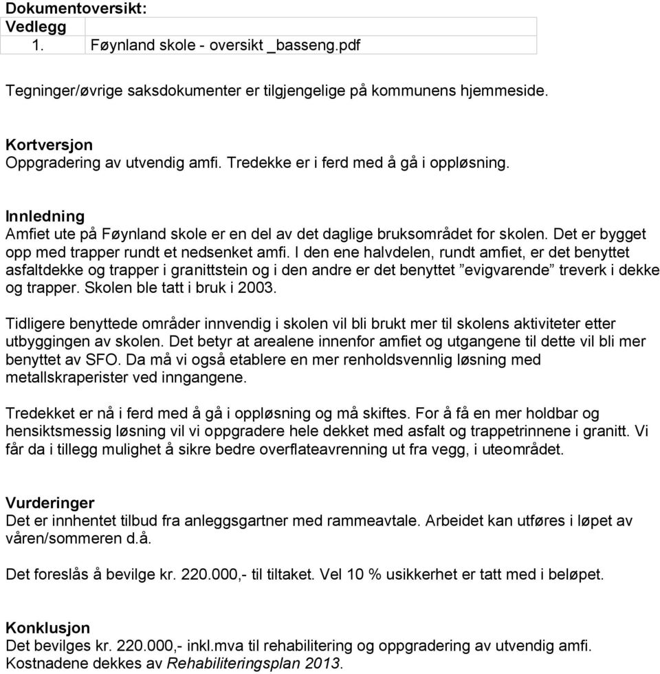 I den ene halvdelen, rundt amfiet, er det benyttet asfaltdekke og trapper i granittstein og i den andre er det benyttet evigvarende treverk i dekke og trapper. Skolen ble tatt i bruk i 2003.