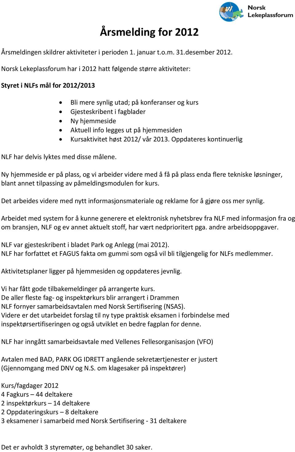 legges ut på hjemmesiden Kursaktivitet høst 2012/ vår 2013. Oppdateres kontinuerlig NLF har delvis lyktes med disse målene.