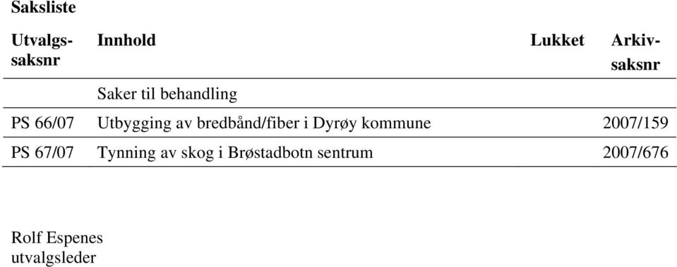 bredbånd/fiber i Dyrøy kommune 2007/159 PS 67/07