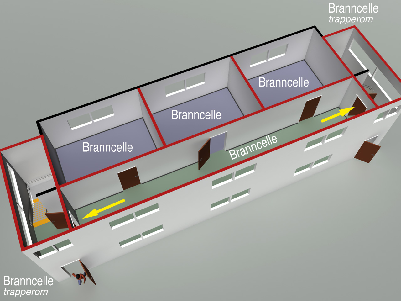 11-13 Figur 3: Branncelle med utgang til rømningsvei (korridor) med to alternative rømningsretninger som fører til to trapperom utført som rømningsvei.