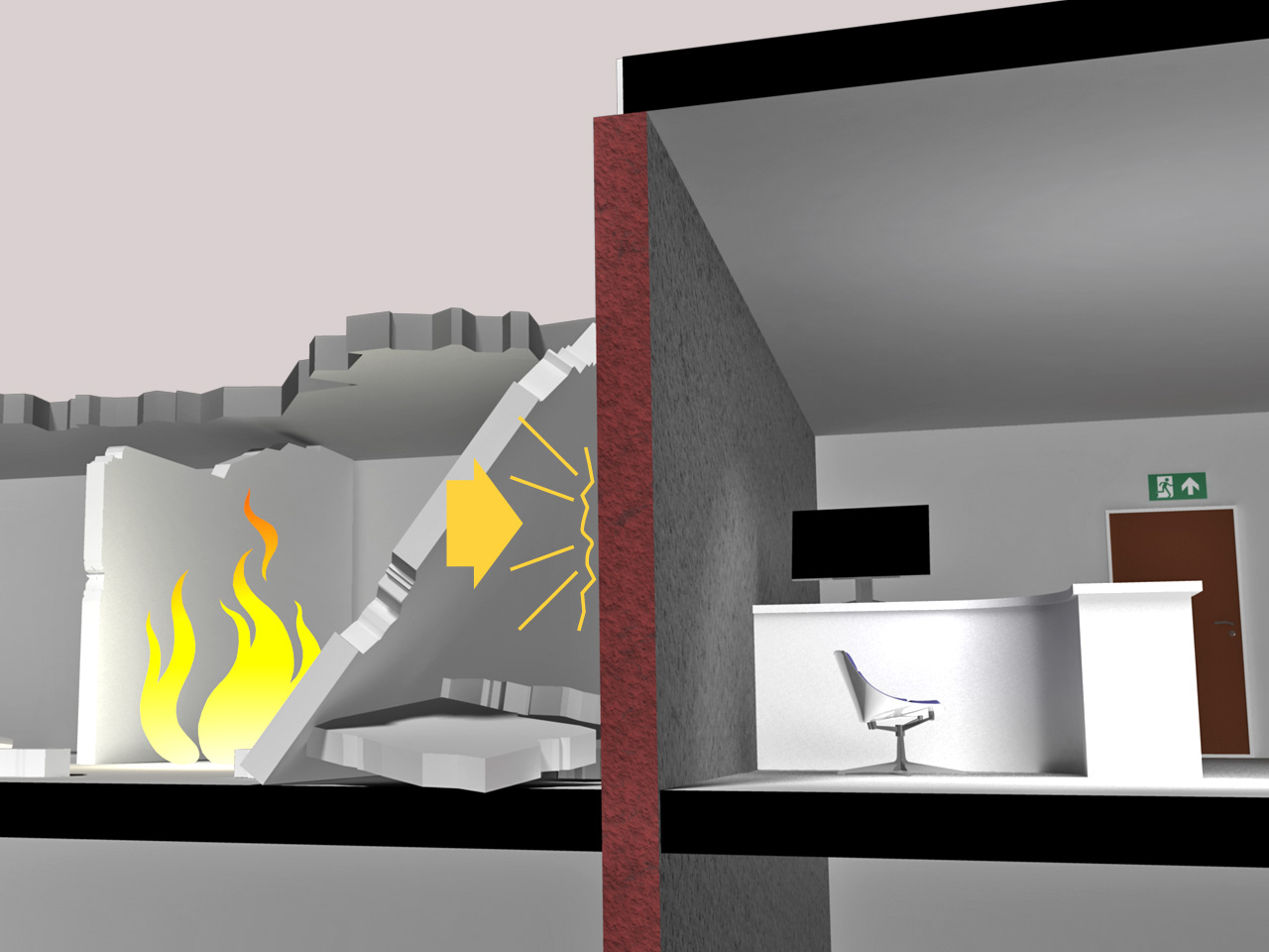 11-6 Figur 1: Utforming av brannvegg over tak. Brannveggen føres minimum 0,5 m over takflaten og må ha slik utførelse at brann ikke kan spre seg via tak eller gesimskasse.