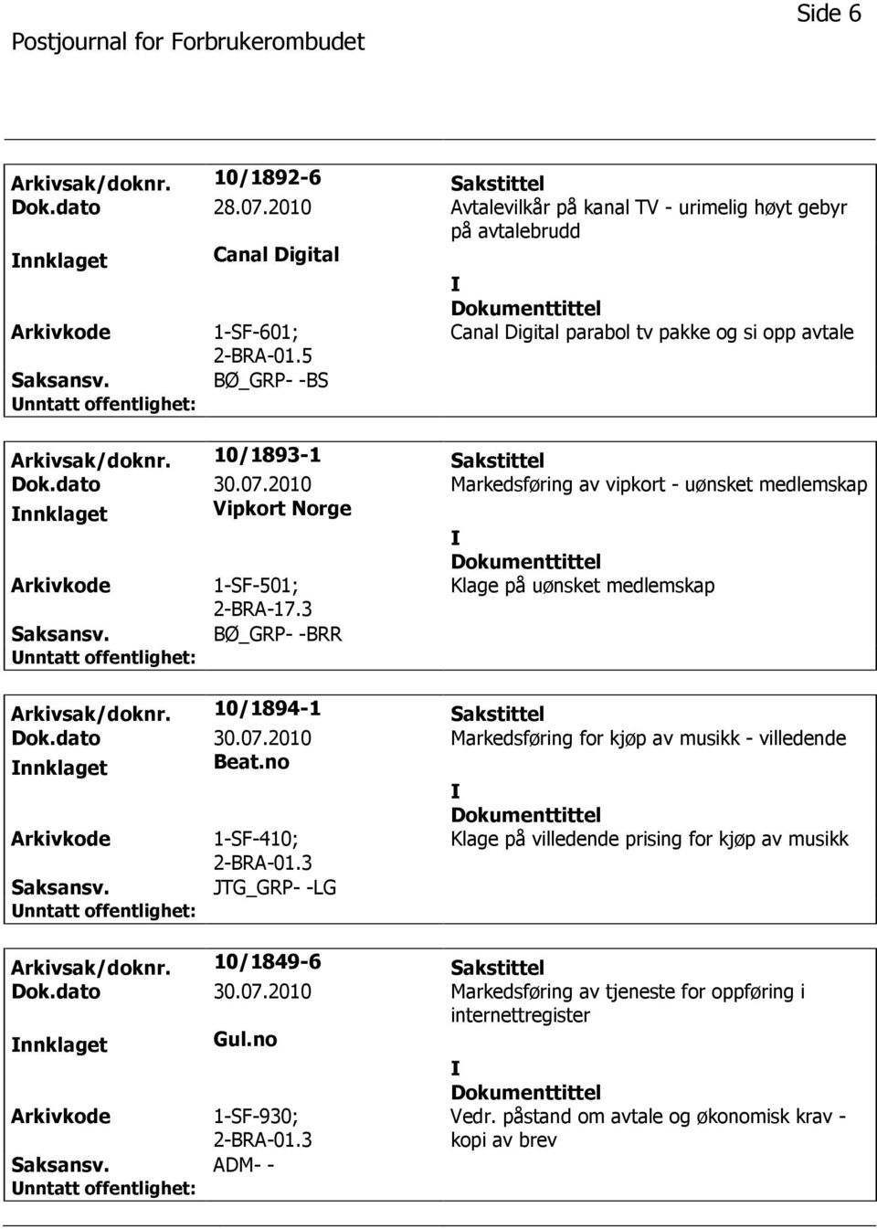 2010 Markedsføring av vipkort - uønsket medlemskap nnklaget Vipkort Norge 1-SF-501; 2-BRA-17.3 Klage på uønsket medlemskap BØ_GRP- -BRR Arkivsak/doknr. 10/1894-1 Sakstittel Dok.dato 30.07.