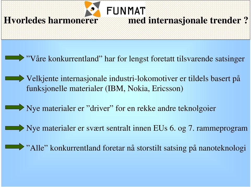 industri-lokomotiver er tildels basert på funksjonelle materialer (IBM, Nokia, Ericsson) Nye materialer