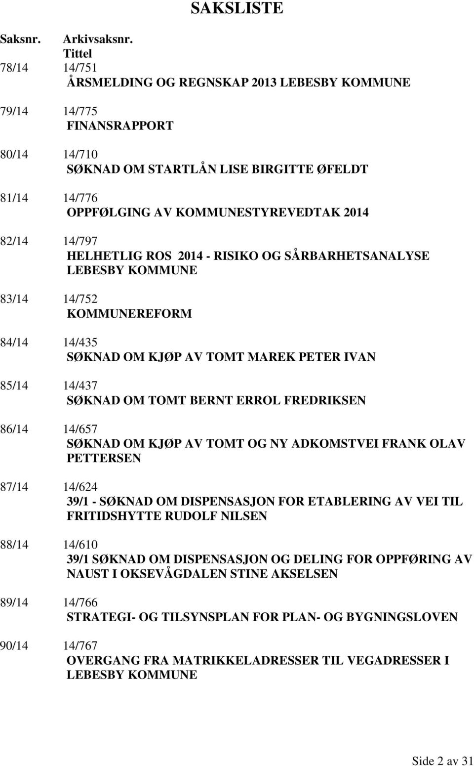 82/14 14/797 HELHETLIG ROS 2014 - RISIKO OG SÅRBARHETSANALYSE LEBESBY KOMMUNE 83/14 14/752 KOMMUNEREFORM 84/14 14/435 SØKNAD OM KJØP AV TOMT MAREK PETER IVAN 85/14 14/437 SØKNAD OM TOMT BERNT ERROL